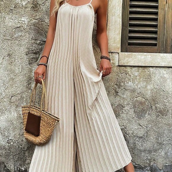 Apricot Casual Women's Solid Color Spaghetti Strap Jumpsuit - Picture 6 of 7